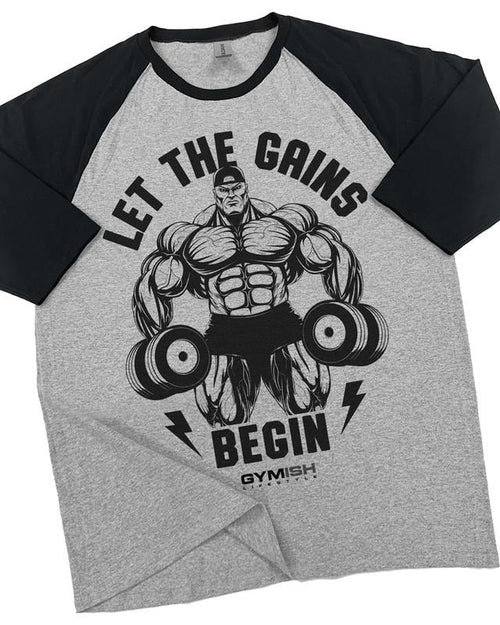 031. RAGLAN Let The Gains Begin Funny Workout Gym T-Shirt for Men Hoodie, Sweatshirt | RetroVerseTees.com