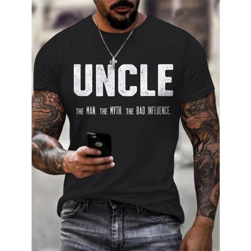 3D Letter UNCLE Print T-shirt - Stylish Mens Design with Fashionable Color Block Pattern, Comfortable Short Sleeve Style,...
