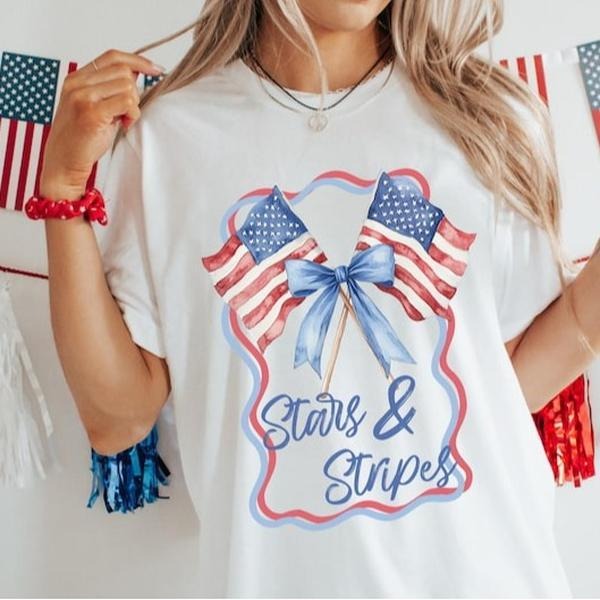 4th of July T-Shirt, USA Flag Shirt, Coquette Bow Stars & Stripes Patriotic Tee, Hoodie, Sweatshirt | RetroVerseTees.com