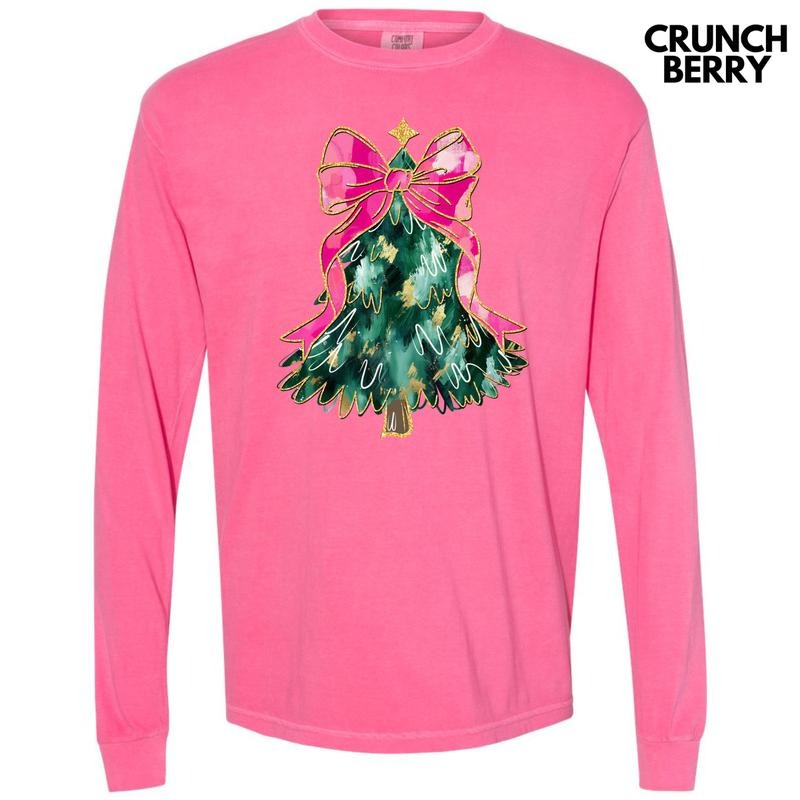 Abstract Pink Bow Christmas Tree Long Sleeve Comfort Colors T-Shirt 'NLB' Hoodie, Sweatshirt | RetroVerseTees.com