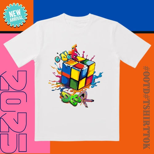 'Neon Rubik' 3D Printed Tee | Color-Splash Design & Embossed Details | Trendy All-Day Style for Streetwear/Date...