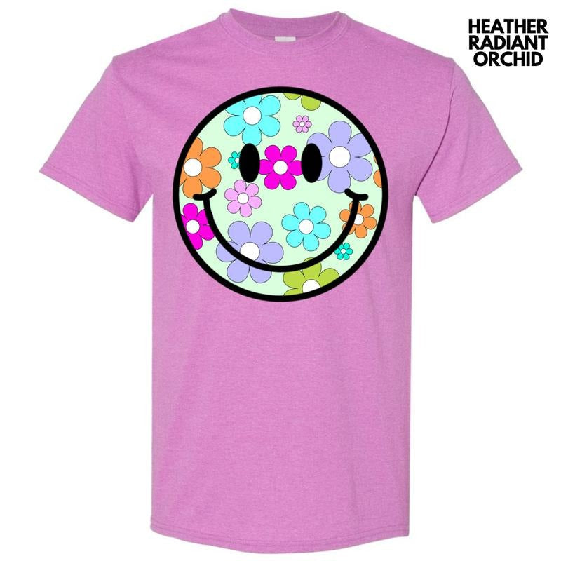Adorable Floral Happy Face Gildan Short Sleeve T-Shirt 'NLB' Hoodie, Sweatshirt | RetroVerseTees.com