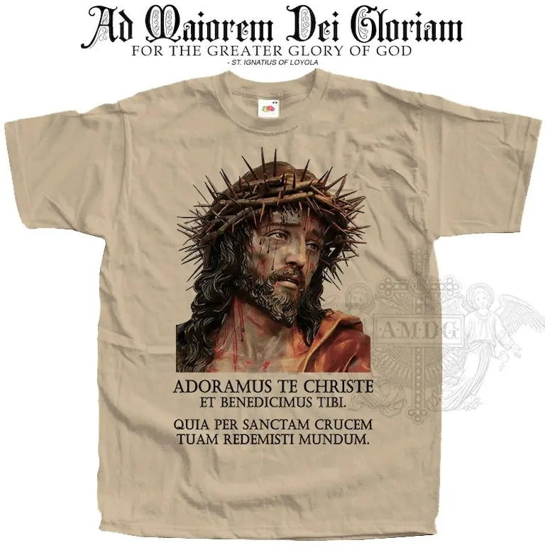 Adoramus Te Christe Jesus Christ T SHIRT Catholic Tee All Sizes S-5XL Natural Vintage Beige White Black Hoodie, Sweatshirt