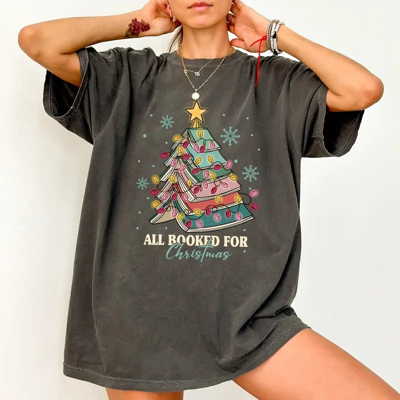 All Booked For Christmas Shirt Comfort Colors, Book Christmas Tree Shirt, Reading T-shirt For Women, Bookish Tee For...