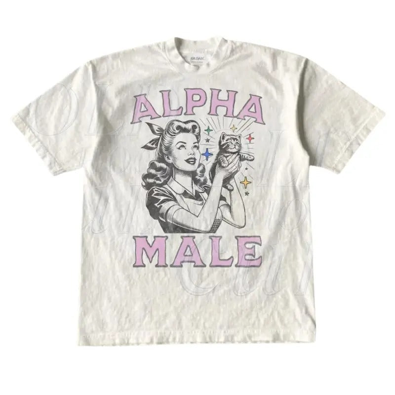 Alpha Male Kitten Retro Graphic T-Shirt, Vintage 1940 Pop Women Holding Kitten Shirt, Funny Sarcastic Cat Shirts, Cat...