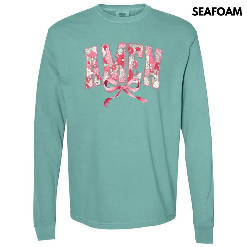 Amen Floral Coquette Long Sleeve Comfort Colors T-Shirt Hoodie, Sweatshirt | RetroVerseTees.com