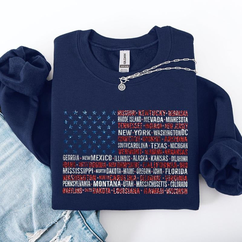 American Flag, States, USA, Patriotic, America, 4th of July Sweatshirt, Crew Neck, Women's, Crewneck T-Shirts, Hoodie