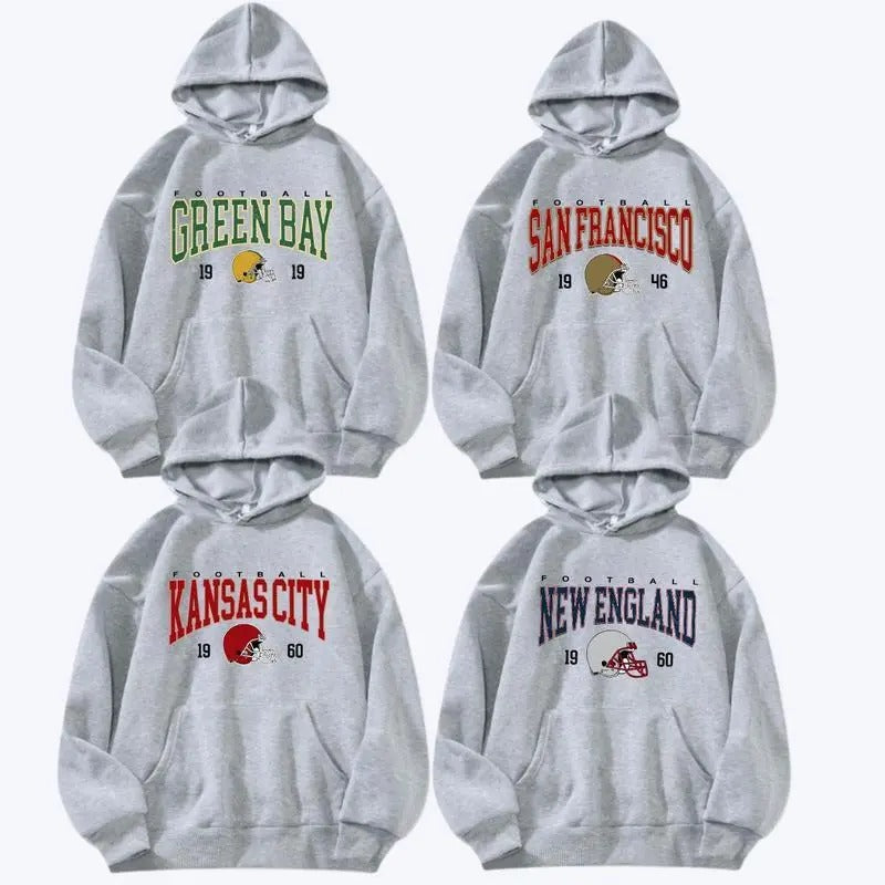 Ash Grey Color All Team Football Hoodie Vintage Football Big Words Logo Hoodie Hometown Football Hoodie Football Thowback...