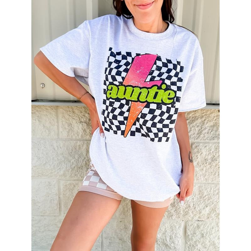 Auntie Neon Checkered Graphic Top T-Shirts, Hoodie, Sweatshirt | RetroVerseTees.com