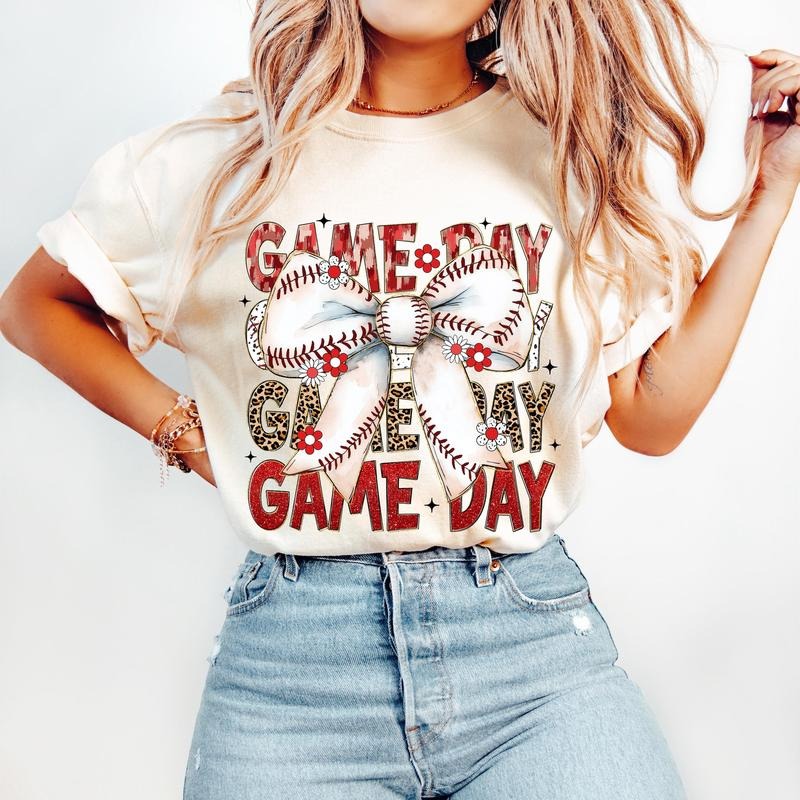 Baseball Coquette T-Shirt, Game Day Baseball T-Shirt, Retro Baseball Bow T-Shirt, Baseball Mom T-Shirt, Baseball Mama...