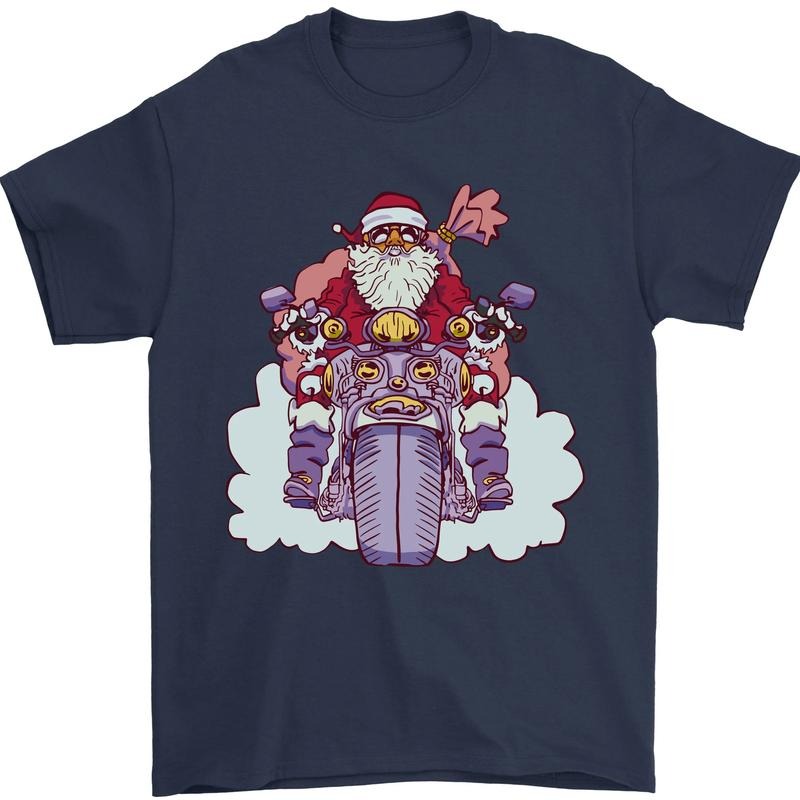 Biker Santa Christmas Motorcycle Motorbike Mens T-Shirt Cotton Made in USA Hoodie, Sweatshirt | RetroVerseTees.com