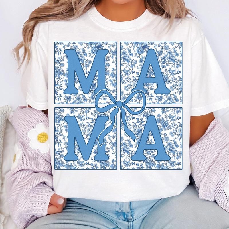 Blue Floral Chinoiserie Mama Coquette T-Shirt, Mama T-Shirt, Mama Varsity T-Shirt, Mothers Day T-Shirt, Gift for Mom,...