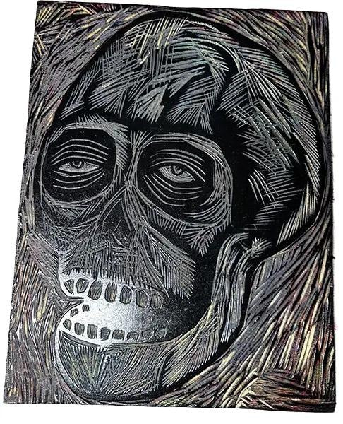 Blue Skull Multiblock Color Woodcut Print on Arnhem Gray Paper Contemporary Art Wall Decoration 15x20" T-Shirts, Hoodie,...