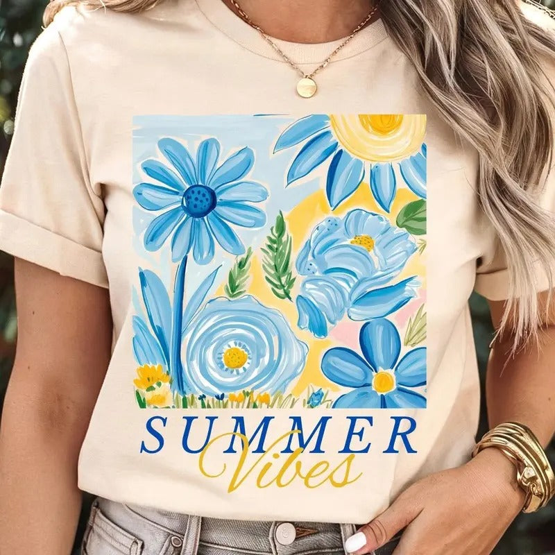 Boho Summer Vibes Floral Shirt, Watercolor Summer Vibes Girly Tee, Trendy Summer Shirt, Gift for Her, Hello Summer Gift...