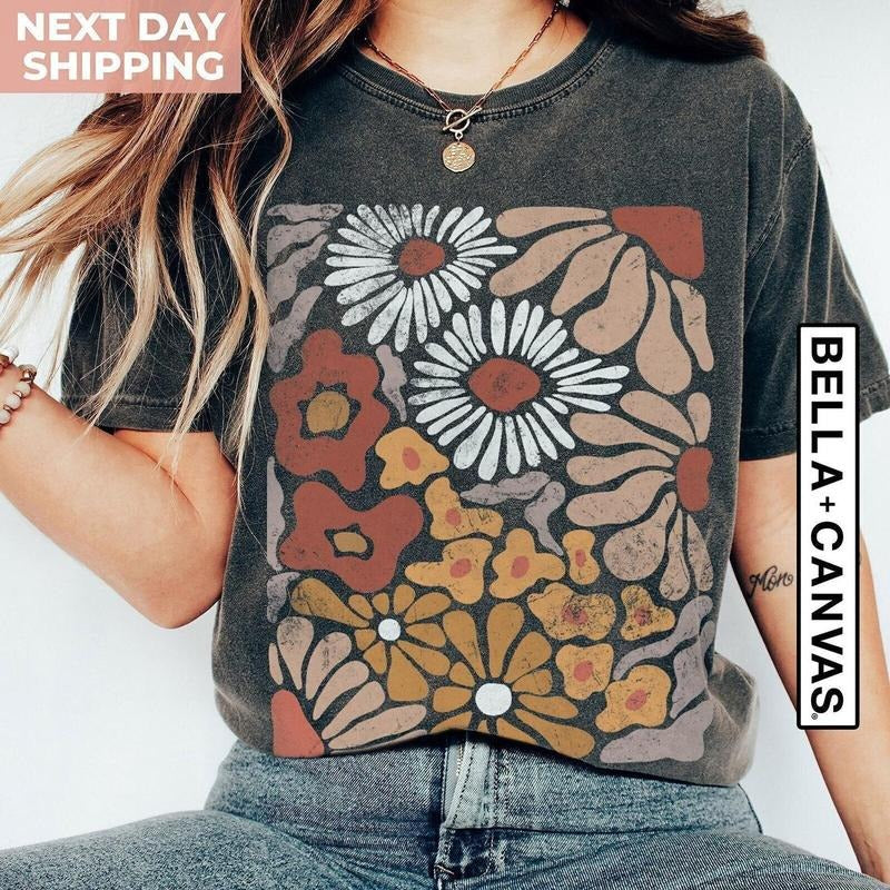 Boho Wildflowers, Flowers Shirt, Womens Graphic Tee, Floral Shirt, Nature Lover Gift, Botanical Shirt, Garment Dyed,...