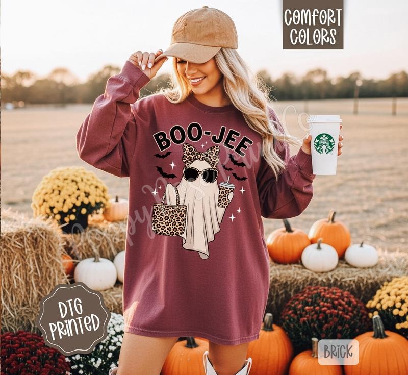 Boo-Jee Ghost Comfort Colors Long Sleeve T-Shirt, Cute Women's Halloween Tee Hoodie, Sweatshirt | RetroVerseTees.com