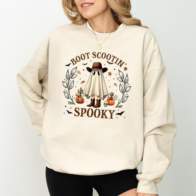 Boot Scoot Spooky Cowboy Ghost Sweatshirt, Vintage Western Ghost Sweater, Funny Halloween Boo-Haw Crewneck, Let's Go...