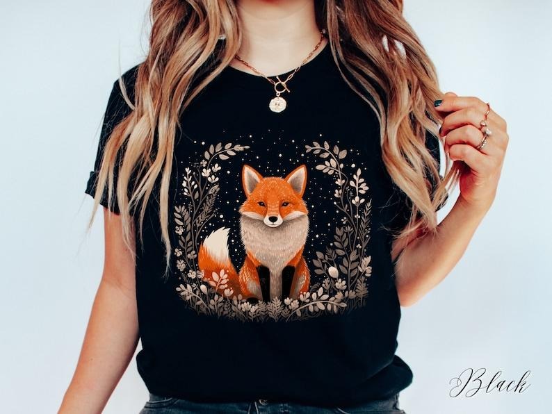 Botanical Red Fox Boho Tee T Shirt Hoodie Sweater, Animal Lover T-shirt, Cottagecore Clothes, Animal Wildlife Nature...