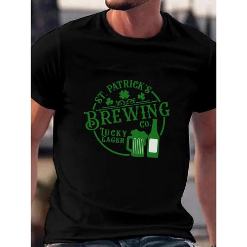 'Brewing' St. Patrick's Day Print Men's Graphic Tee, Breathable Short Sleeve Casual T-Shirt For Big & Tall Guys Made in...