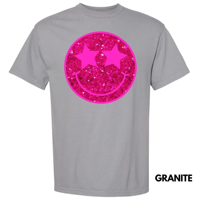 Bright Pink FAKE Glitter Happy Face Comfort Colors T-Shirt 'NLB' Hoodie, Sweatshirt | RetroVerseTees.com