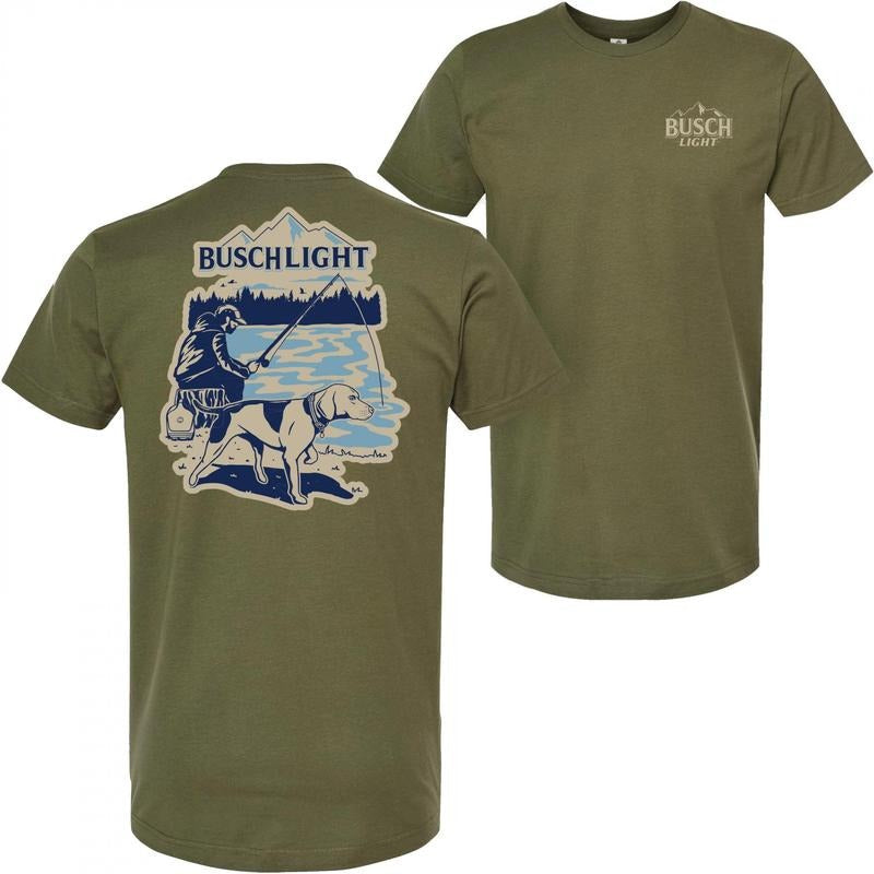 Busch Light Fishing with Friends Olive Front Back Print T-Shirt Hoodie, Sweatshirt | RetroVerseTees.com