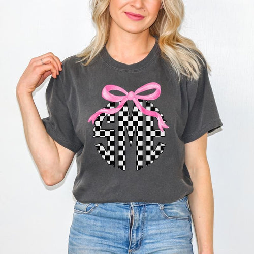 *CUSTOMIZABLE* Bow & Black Checker Monogram Comfort Colors T-Shirt 'NLB' Hoodie, Sweatshirt | RetroVerseTees.com