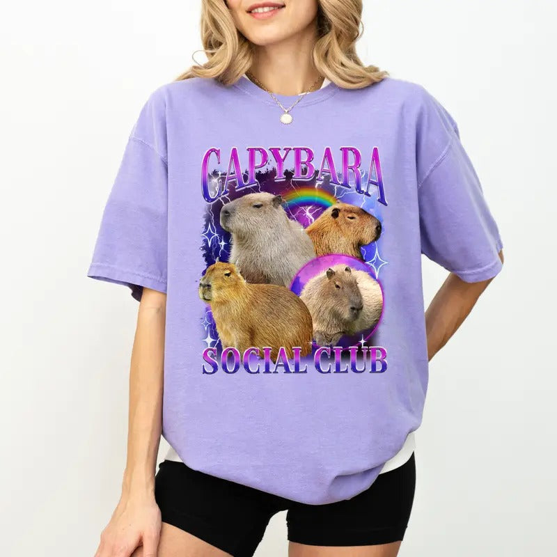 Capybara Social Club Shirt, vintage Capybara Graphic Tee Women, 90s Bootleg Printed T-shirt, Cotton Fabric Outfit, Funny...