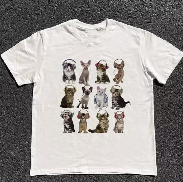 Cats HeadPhone T-Shirt, Unisex Vintage Graphic Tees Gothic Grunge Y2k Emo, Graphic tee, Fashion Cotton, Streetwear, Full...