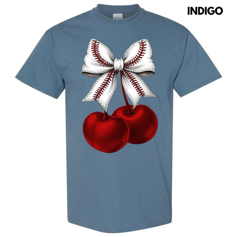 Cherries Baseball Bow Gildan Short Sleeve T-Shirt Hoodie, Sweatshirt | RetroVerseTees.com