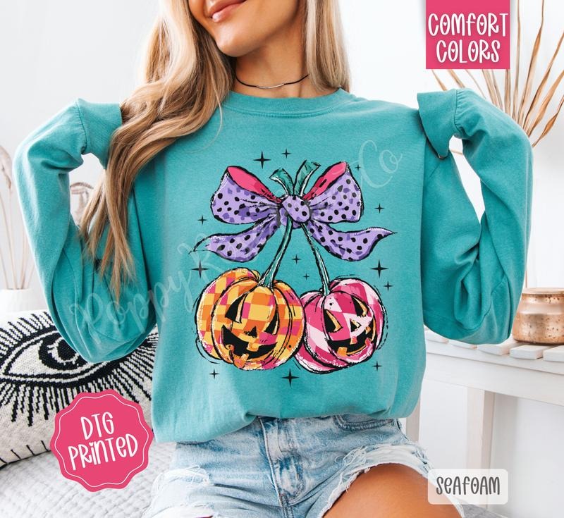 Cherry Jack O' Lanterns Comfort Colors Long Sleeve T-Shirt, Cute Women's Halloween Tee Hoodie, Sweatshirt