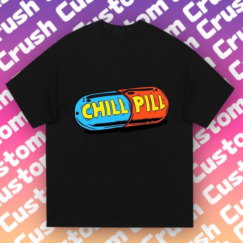 Chill Pill Tri-Color Tee |   Gradient Purple-Pink Backdrop |   WFH Trendy Casual Wear Hoodie, Sweatshirt | RetroVerseTees.com