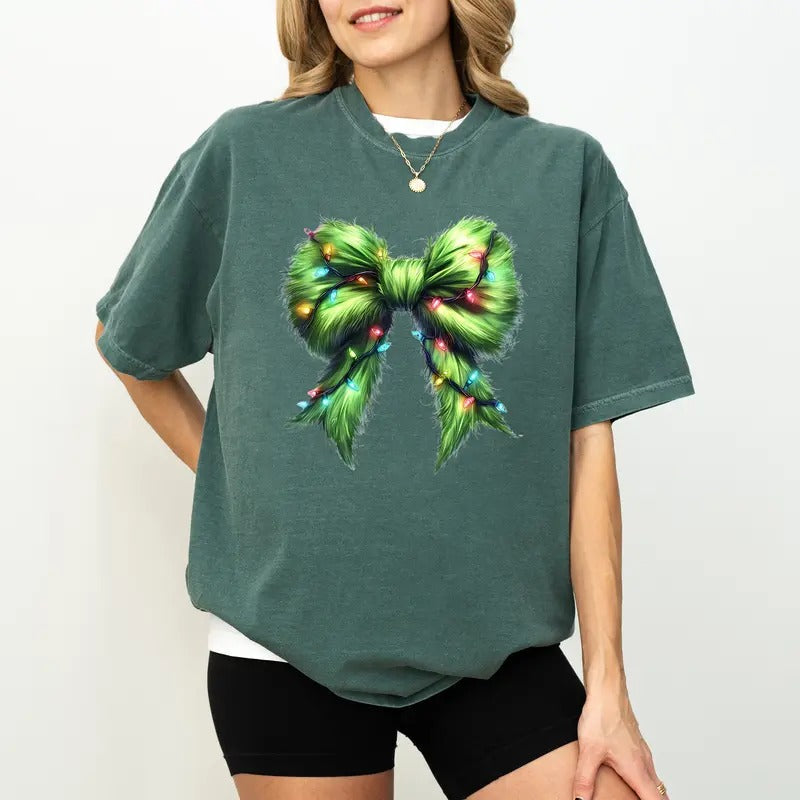 Christmas Light Green Coquette Bow Shirt Comfort Colors, Girly Christmas Coquette Bow Tee, Cute Green Fur Bow Tshirt for...