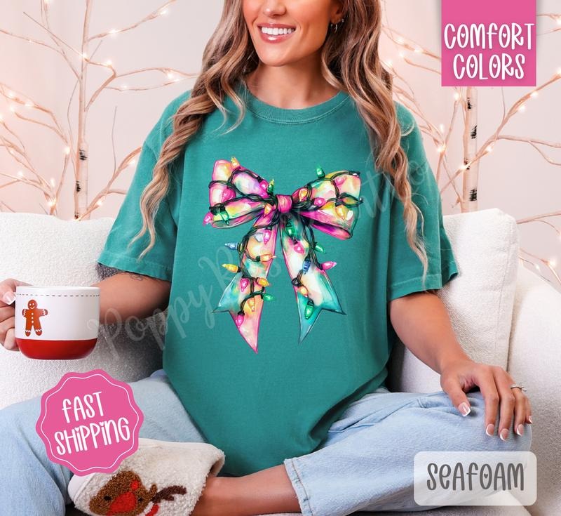 Christmas Lights Bow Comfort Colors, Trendy Women's Holiday Tshirt Hoodie, Sweatshirt | RetroVerseTees.com