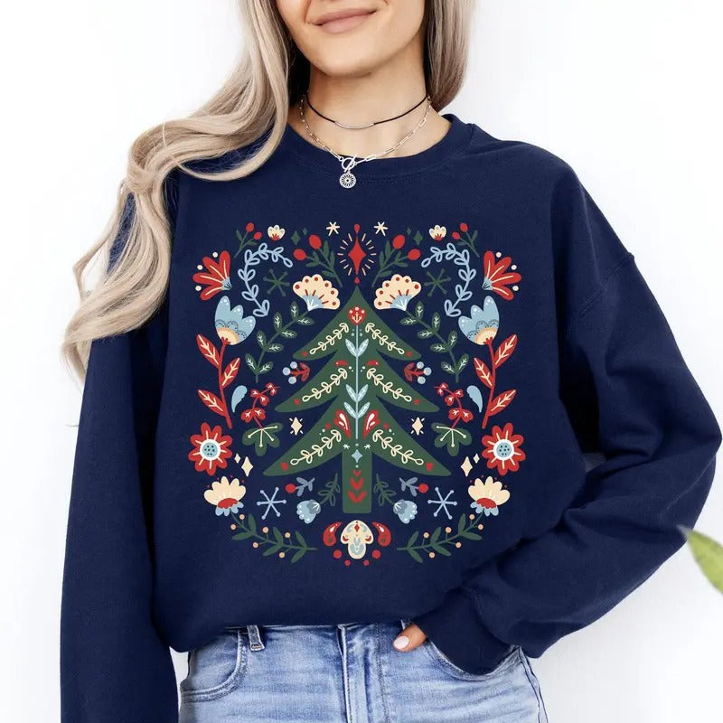 Christmas Tree Folk Art, Scandinavian, Classic, Santa, Floral Sweatshirt, Crewneck, Sweater, Xmas, Gift, Adorable...