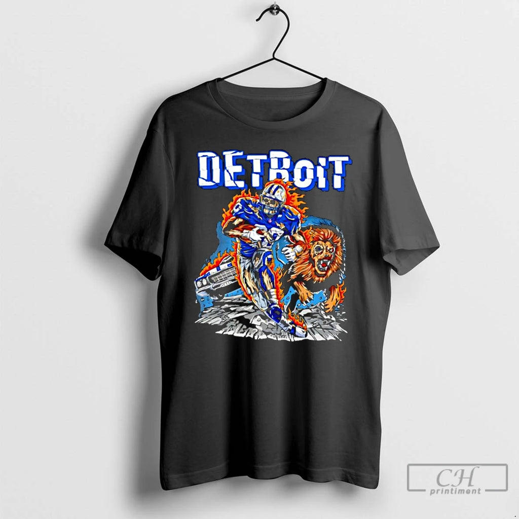 Classic Detroit Lions Skeleton Player 4 Running On Fire With Growling Lion Muscle Car T-Shirts, Hoodie, Sweatshirt