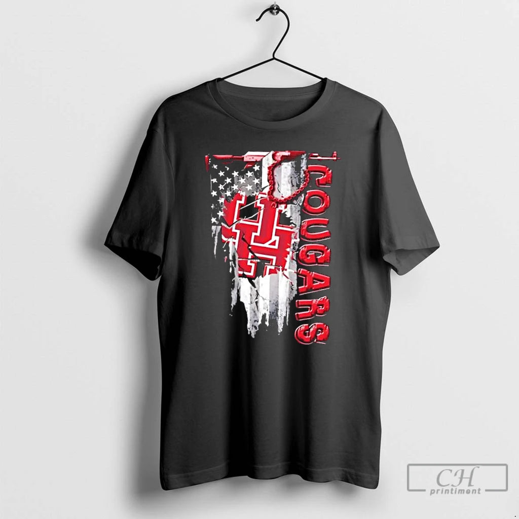 Classic Houston Cougars Football Battle Shattered Usa Flag Rip Design T-Shirts, Hoodie, Sweatshirt | RetroVerseTees.com