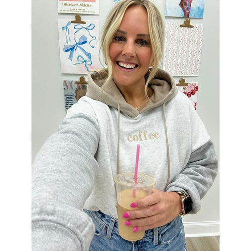 'Coffee' Colorblock Hoodie for Women - Embroidered Design T-Shirts, Sweatshirt | RetroVerseTees.com