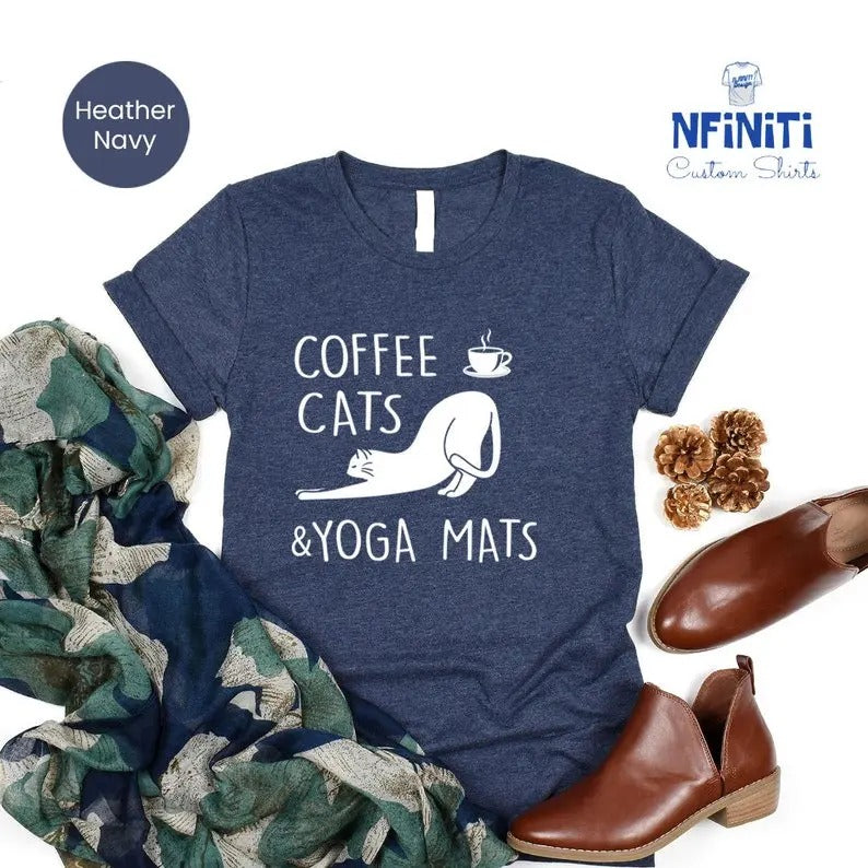 Coffee Cats Shirt, Coffee Lover Shirt, Woman Yoga Shirt, Girls Life Shirt, Yoga T-Shirt, Yoga Lover Gifts, Gift For Cat...