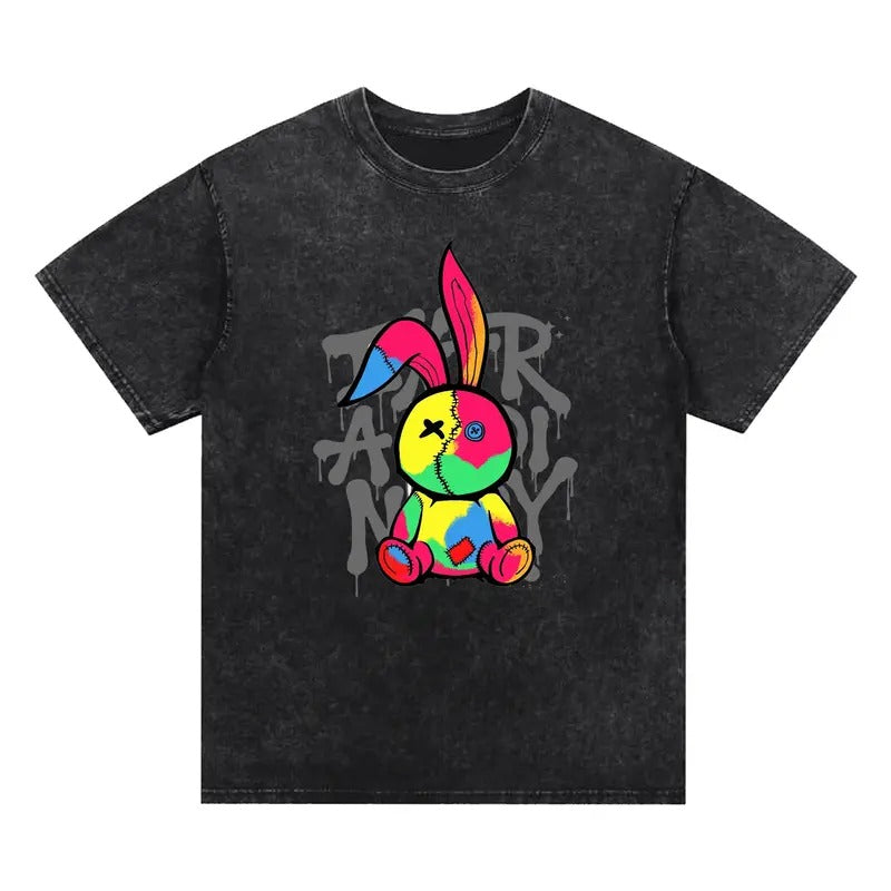 Colorful rabbit bright washed T-shirt, graffiti color, Fashionable and uninhibited, street style, Comfortable fabrics,...