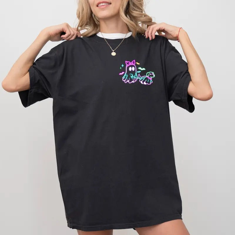 Comfort Color Halloween Neon Ghost Dog Shirt, Funny Ghost with Dog Crewneck, Cute Boo Dog Sweater, Dog Lover Neon...