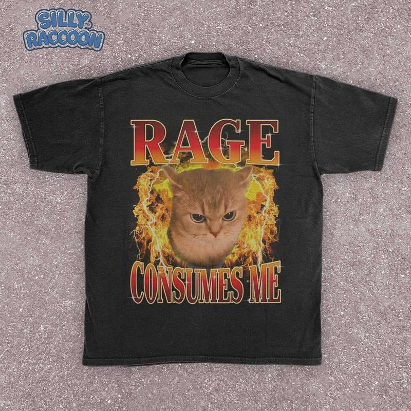 Comfort Colors Angry Cat Fire T-Shirt, Rage Consumes Me Chaotic T-Shirt, Ironic Cat Meme T-Shirt, Grumpy Cat Graphic Tee,...