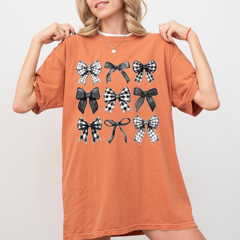 Comfort Colors Black Checkered Bow Shirt, Y2K Coquette Bow Graphic Printed Tee, Dark Checkered Bow Unhinged Shirt,...