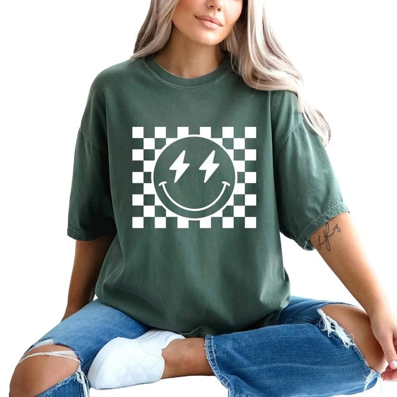 Comfort Colors Checkered Pattern Smile Face Shirt, Retro Smiley Face Shirt Hoodie, Sweatshirt | RetroVerseTees.com