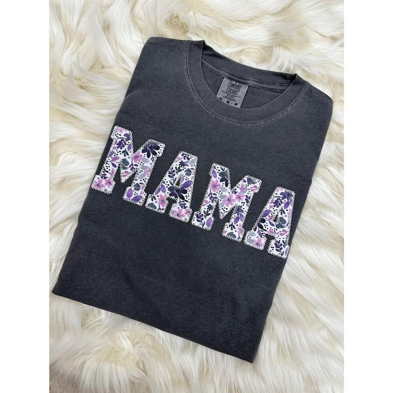 Comfort Colors Mama Purple Floral Applique Short Sleeve Shirt Simple Mama Top, Gift for Mom, Personalized Mama Shirt...