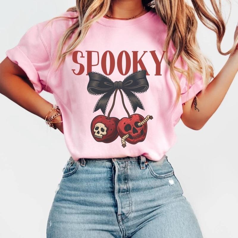 Comfort Colors Spooky T-Shirt with Skull Cherries Design and Black Bow Graphic