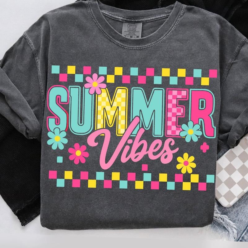 Comfort Colors Summer Vibes T-Shirt, Beach T-Shirt, Hello Summer Shirt, Summer Checkered Shirt, Retro Floral Beach...