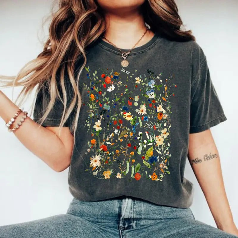 Comfort Colors Vintage Pressed Flowers Shirt, Boho Cottagecore Tshirt, Botanical Floral Tee Wildflowers shirt, Fairycore...