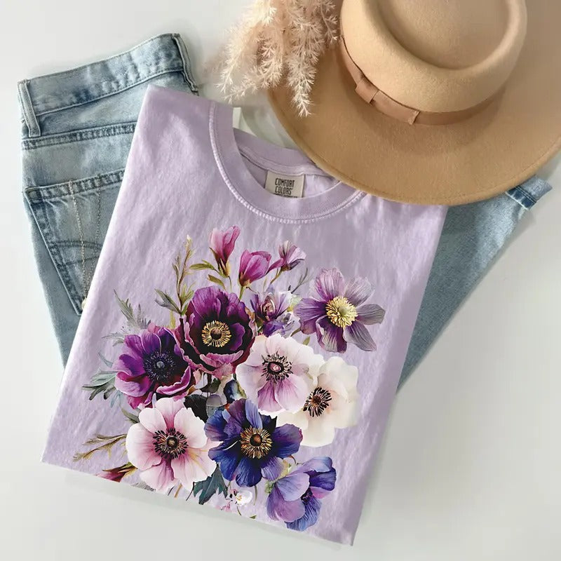 Comfort Colors Vintage Pressed Flowers T-Shirt, Boho Cottagecore Tshirt, Botanical Purple Floral Tee, Wildflowers Top...