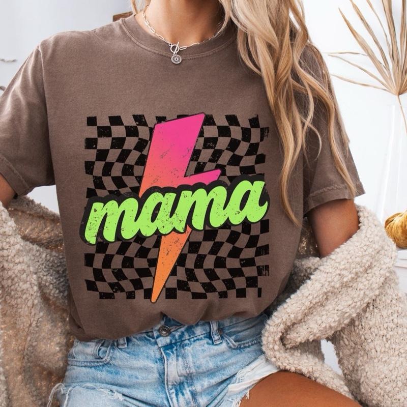 Comfort Colors Women's Neon Mama Oversized Short Sleeve Casual Cotton Graphic T-Shirt with Lightning Design