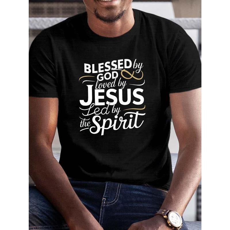 Comfortable and breathable men's crew neck T-shirt, Summer casual style, regular version, spiritual "God bless, Jesus...